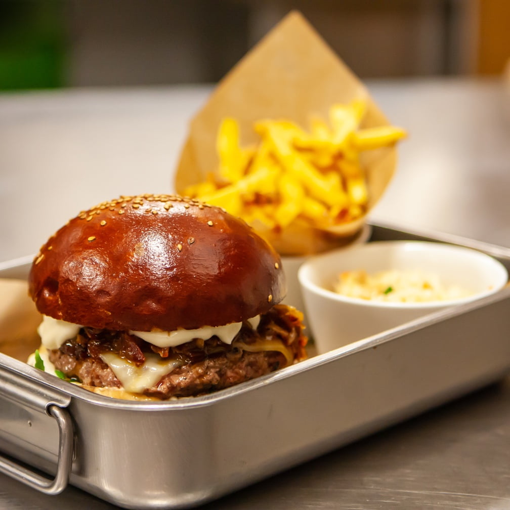 photo burger menu on plate with fries and dip